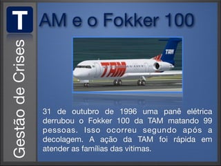 T   AM e o Fokker 100



    31 de outubro de 1996 uma panê elétrica
    derrubou o Fokker 100 da TAM matando 99
    pessoas. Isso ocorreu segundo após a
    decolagem. A ação da TAM foi rápida em
    atender as famílias das vitimas.
 