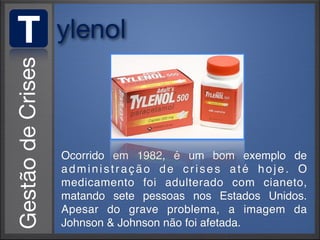 T   ylenol



    Ocorrido em 1982, é um bom exemplo de
    administração de crises até hoje. O
    medicamento foi adulterado com cianeto,
    matando sete pessoas nos Estados Unidos.
    Apesar do grave problema, a imagem da
    Johnson & Johnson não foi afetada.
 