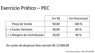 Exercício Prático – PEC
Preço de Venda
( – ) Custos Variáveis
( = ) Margem de Contribuição
50,00
30,00
20,00
100 %
40 %
60 %
Em PercentualEm R$
Os custos de despesas fixas somam R$ 12.000,00
Prof. Eliseu Fortolan │ CRC 1SP 296.980
 