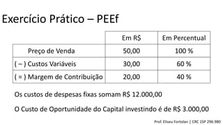 Exercício Prático – PEEf
Preço de Venda
( – ) Custos Variáveis
( = ) Margem de Contribuição
50,00
30,00
20,00
Em R$
Os custos de despesas fixas somam R$ 12.000,00
O Custo de Oportunidade do Capital investindo é de R$ 3.000,00
100 %
60 %
40 %
Em Percentual
Prof. Eliseu Fortolan │ CRC 1SP 296.980
 