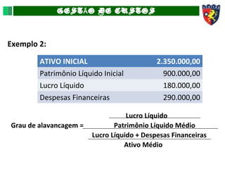 GEST O DE CUSTOSÃ
Exemplo 2:
ATIVO INICIAL 2.350.000,00
Patrimônio Líquido Inicial 900.000,00
Lucro Líquido 180.000,00
Despesas Financeiras 290.000,00
Lucro Líquido
Grau de alavancagem = Patrimônio Líquido Médio
Lucro Líquido + Despesas Financeiras
Ativo Médio
 