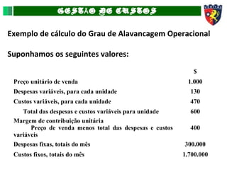 GEST O DE CUSTOSÃ
Exemplo de cálculo do Grau de Alavancagem Operacional
Suponhamos os seguintes valores:
$
Preço unitário de venda 1.000
Despesas variáveis, para cada unidade 130
Custos variáveis, para cada unidade 470
Total das despesas e custos variáveis para unidade 600
Margem de contribuição unitária
Preço de venda menos total das despesas e custos
variáveis
400
Despesas fixas, totais do mês 300.000
Custos fixos, totais do mês 1.700.000
 