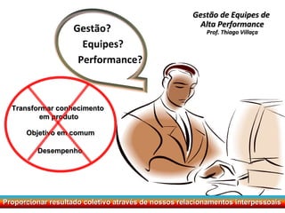 Gestão de Equipes de  Alta Performance Prof. Thiago Villaça Gestão? Equipes? Performance? Transformar conhecimento em produto Objetivo em comum Desempenho 24/06/10 Proporcionar resultado coletivo através de nossos relacionamentos interpessoais  