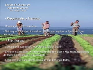 Gestão de Equipes de  Alta Performance Prof. Thiago Villaça 24/06/10 Preparando o Terreno: Comece de dentro pra fora... Saiba qual é a importância disso para a sua equipe    Ajude-os a se ajudarem...  Premissas: Conquiste a sua equipe    Verdade, fala e  ação Envolva as pessoas    Informe tudo a todos, diga a real responsabilidade de todos no processo e no resultado Faça com que suas ações seja algo que beneficie todos 