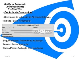 Gestão de Equipes de  Alta Performance Prof. Thiago Villaça 24/06/10 Controle de Campanhas Campanha de Indicação de Atividade Coletivas Primeiro Passo: Ferramenta Segundo Passo: Treinamento da Equipe Terceiro Passo: Aplicação Quarto Passo: Avaliação dos Resultados INGRESSO PARA COLETIVAS Data: _____/_____/______ Horário:__________ Cliente: __________________________________________       Aula Indicada: _____________________________________________     Professor Indicado: ______________________________________   Professor que Indicou: _____________________________________________ 