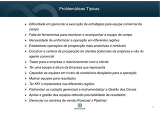 Dificuldade em gerenciar a execução de estratégias pela equipe comercial de
campo
Falta de ferramentas para monitorar e acompanhar a equipe de campo
Necessidade de uniformizar a operação em diferentes regiões
Estabelecer operações de prospecção mais produtivas e rentáveis
Construir a carteira de prospecção de clientes potenciais da empresa e não do
agente comercial.
Trazer para a empresa o relacionamento com o cliente
Ter uma equipe à altura da Empresa que representa
Capacitar as equipes em níveis de excelência desejados para a operação
Motivar equipes para resultados
Ter KPI´s implantados nas diferentes regiões
Padronizar os cockpits gerenciais e instrumentalizar a Gestão dos Canais
Apoiar a gestão das equipes obtendo previsibilidade de resultados
Gerenciar os cenários de venda (Forecast x Pipeline)
Problemáticas Típicas
6
 
