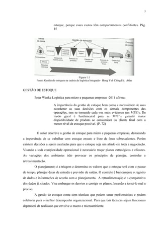 3




                           estoque, porque esses custos têm comportamentos conflitantes. Pág.
                           15




                                                  Figura 1.1
            Fonte: Gestão de estoques na cadeia de logística Integrada- Hong Yuh Ching Ed. Atlas


GESTÃO DE ESTOQUE

           Peter Wanke Logística para micro e pequenas empresas -2011 afirma:

                           A importância da gestão de estoque bem como a necessidade de suas
                           coordenar as suas decisões com os demais componentes das
                           operações, tem se tornando cada vez mais evidentes nas MPE’s. De
                           modo geral é fundamental para as MPE’s garantir maior
                           disponibilidade de produto ao consumidor ou cliente final com o
                           menor nível de estoque possível. (P. 72)

            O autor descreve a gestão de estoque para micro e pequenas empresas, destacando
a importância de se trabalhar com estoque enxuto e livre de ônus sobressalentes. Porém
existem decisões a serem avaliadas para que o estoque seja um aliado em toda a negociação.
Visando a toda complexidade operacional é necessário traçar planos estratégicos e eficazes.
As variações dos ambientes irão provocar os princípios de planejar, controlar e
retroalimentação.
           O planejamento é a triagem e determina os valores que o estoque terá com o passar
do tempo, planejar datas de entrada e previsão de saídas. O controle é basicamente o registro
de dados e informações de acordo com o planejamento. A retroalimentação é o comparativo
dos dados já citados. Visa embargar os desvios e corrigir os planos, levando a torná-lo real e
preciso.
           A gestão de estoque conta com técnicas que podem sanar problemáticas e podem
colaborar para o melhor desempenho organizacional. Para que tais técnicas sejam funcionais
dependerá da realidade que envolve o macro e microambiente.
 