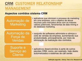 CRM CUSTOMER RELATIONSHIP 
MANAGEMENT 
• aplicativos que otimizam o processo de marketing 
em uma empresa, com o objetivo de alocar 
recursos para mercados alvos com os maiores 
valores potenciais, ferramentas de data mining e 
de database marketing. 
Automação de 
Marketing 
• conjunto de softwares administra e otimiza o 
ciclo de vendas da empresa, aumentando sua 
produtividade, principalmente, por meio da 
otimização da realização dos contratos. 
Automação da 
Força de 
Vendas 
• aplicativos desenvolvidos à parte de outros 
pacotes CRM, como, por exemplo, help desks 
automatizados e sistemas de call center. 
Suporte e 
Serviço ao 
Cliente 
Definição segundo : Cherry Tree e Co. Research (2000) 
Aspectos contidos sistema CRM 
 