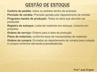 GESTÃO DE ESTOQUE 
 Carteira de pedido: todos os pedidos dentro da empresa 
 Previsão de vendas: Previsão gerada pelo departamento de vendas 
 Programa mestre de produção: Todos os itens que deverão ser 
produzido 
 Registro de estoque: Listas de materiais em estoque, inclusive em 
processo 
 Ordens de serviço: Ordens para a área de produção 
 Plano de materiais: conforme base de necessidades de materiais 
 Ordens de compra: Enviados ao departamento de compra para cotação 
e compra conforme demanda preestabelecida. 
Prof.º José Ângelo8 
 