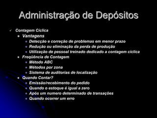 Administração de Depósitos
 Contagem Cíclica
 Vantagens
 Detecção e correção de problemas em menor prazo
 Redução ou eliminação da perda de produção
 Utilização de pessoal treinado dedicado a contagem cíclica
 Freqüência de Contagem
 Método ABC
 Métodos por zona
 Sistema de auditorias de localização
 Quando Contar?
 Emissão/recebimento do pedido
 Quando o estoque é igual a zero
 Após um numero determinado de transações
 Quando ocorrer um erro
 