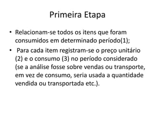 Primeira Etapa
• Relacionam-se todos os itens que foram
consumidos em determinado período(1);
• Para cada item registram-se o preço unitário
(2) e o consumo (3) no período considerado
(se a análise fosse sobre vendas ou transporte,
em vez de consumo, seria usada a quantidade
vendida ou transportada etc.).
 