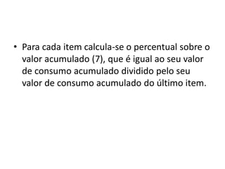 • Para cada item calcula-se o percentual sobre o
valor acumulado (7), que é igual ao seu valor
de consumo acumulado dividido pelo seu
valor de consumo acumulado do último item.
 
