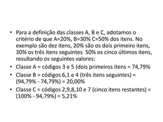 • Para a definição das classes A, B e C, adotamos o
critério de que A=20%, B=30% C=50% dos itens. No
exemplo são dez itens, 20% são os dois primeiro itens,
30% os três itens seguintes 50% os cinco últimos itens,
resultando os seguintes valores:
• Classe A = códigos 3 e 5 (dois primeiros itens = 74,79%
• Classe B = códigos 6,1 e 4 (três itens seguintes) =
(94,79% - 74,79%) = 20,00%
• Classe C = códigos 2,9,8,10 e 7 (cinco itens restantes) =
(100% - 94,79%) = 5,21%
 