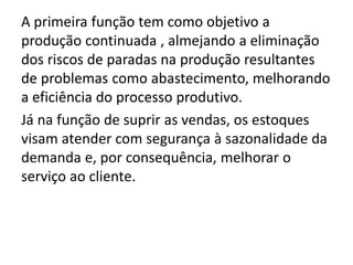 A primeira função tem como objetivo a
produção continuada , almejando a eliminação
dos riscos de paradas na produção resultantes
de problemas como abastecimento, melhorando
a eficiência do processo produtivo.
Já na função de suprir as vendas, os estoques
visam atender com segurança à sazonalidade da
demanda e, por consequência, melhorar o
serviço ao cliente.
 