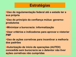 Estratégias
Uso da regulamentação federal até o estado ter a
sua própria
Uso do princípio da confiança mútua: governo-
produtores
Minimizar a burocracia: informatização
Usar critérios e indicadores para aprovar e vistoriar
PMF
Uso de ações corretivas para incentivar a melhoria
dos padrões
Autorização de início de operações (AUTEX)
concedida sem burocracia se o detentor não tiver
ações corretivas não cumpridas
 