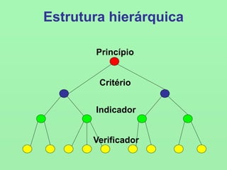 Estrutura hierárquica
Princípio
Critério
Indicador
Verificador
 