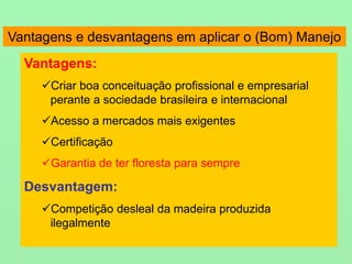 Vantagens e desvantagens em aplicar o (Bom) Manejo
Vantagens:
Criar boa conceituação profissional e empresarial
perante a sociedade brasileira e internacional
Acesso a mercados mais exigentes
Certificação
Garantia de ter floresta para sempre
Desvantagem:
Competição desleal da madeira produzida
ilegalmente
 