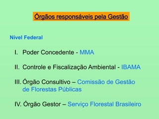 Órgãos responsáveis pela Gestão
Nível Federal
I. Poder Concedente - MMA
II. Controle e Fiscalização Ambiental - IBAMA
III. Órgão Consultivo – Comissão de Gestão
de Florestas Públicas
IV. Órgão Gestor – Serviço Florestal Brasileiro
 