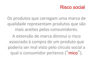 Risco social

Os	
  produtos	
  que	
  carregam	
  uma	
  marca	
  de	
  
qualidade	
  representam	
  produtos	
  que	
  são	
  
       mais	
  aceitos	
  pelos	
  consumidores.	
  	
  
   A	
  extensão	
  de	
  marca	
  diminui	
  o	
  risco	
  
 associado	
  à	
  compra	
  de	
  um	
  produto	
  que	
  
poderia	
  ser	
  mal	
  visto	
  pelo	
  círculo	
  social	
  a	
  
  qual	
  o	
  consumidor	
  pertence	
  (“mico”).	
  
 