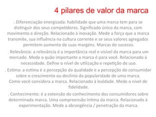 4 pilares de valor da marca
           .	
  Diferenciação	
  energizada:	
  habilidade	
  que	
  uma	
  marca	
  tem	
  para	
  se	
  
            dis8nguir	
  dos	
  seus	
  compe8dores.	
  Signiﬁcado	
  único	
  da	
  marca,	
  com	
  
     movimento	
  e	
  direção.	
  Relacionado	
  à	
  inovação.	
  Mede	
  a	
  força	
  que	
  a	
  marca	
  
     transmite,	
  sua	
  inﬂuência	
  na	
  cultura	
  corrente	
  e	
  se	
  seus	
  valores	
  agregados	
  
                    permitem	
  aumento	
  de	
  suas	
  margens.	
  Marcas	
  de	
  sucesso.               	
  
     .	
  Relevância:	
  a	
  relevância	
  é	
  a	
  importância	
  real	
  e	
  visível	
  da	
  marca	
  para	
  um	
  
        mercado.	
  Mede	
  o	
  quão	
  importante	
  a	
  marca	
  é	
  para	
  você.	
  Relacionado	
  à	
  
                  necessidade.	
  Deﬁne	
  o	
  nível	
  de	
  u8lização	
  e	
  repe8ção	
  de	
  uso.          	
  
.	
  Es8ma:	
  a	
  es8ma	
  é	
  a	
  percepção	
  da	
  qualidade	
  e	
  a	
  percepção	
  do	
  consumidor	
  
                sobre	
  o	
  crescimento	
  ou	
  declínio	
  da	
  popularidade	
  de	
  uma	
  marca.	
                 	
  
      Como	
  você	
  considera	
  a	
  marca.	
  Relacionado	
  à	
  lealdade.	
  Mede	
  o	
  nível	
  de	
  
                                                        ﬁdelidade.    	
  
     .	
  Conhecimento:	
  é	
  a	
  extensão	
  do	
  conhecimento	
  dos	
  consumidores	
  sobre	
  
      determinada	
  marca.	
  Uma	
  compreensão	
  ín8ma	
  da	
  marca.	
  Relacionado	
  à	
  
                 experimentação.	
  Mede	
  a	
  abrangência	
  /	
  penetração	
  da	
  marca.                       	
  
 