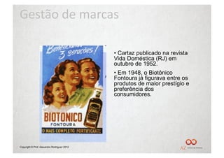Gestão	
  de	
  marcas	
  

                                             •  Cartaz publicado na revista
                                             Vida Doméstica (RJ) em
                                             outubro de 1952.
                                             •  Em 1948, o Biotônico
                                             Fontoura já figurava entre os
                                             produtos de maior prestígio e
                                             preferência dos
                                             consumidores.




Copyright © Prof. Alexandre Rodriguez 2012
 