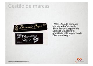 Gestão	
  de	
  marcas	
  

                                             •  1938. Ano da Copa do
                                             Mundo, e Leônidas da
                                             Silva, famoso jogador da
                                             Seleção Brasileira foi
                                             apelidado pela imprensa de
                                             Diamante Negro.




Copyright © Prof. Alexandre Rodriguez 2012
 