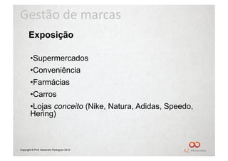 Gestão	
  de	
  marcas	
  
       Exposição

        • Supermercados
        • Conveniência
        • Farmácias
        • Carros
        • Lojas conceito (Nike, Natura, Adidas, Speedo,
        Hering)



Copyright © Prof. Alexandre Rodriguez 2012
 