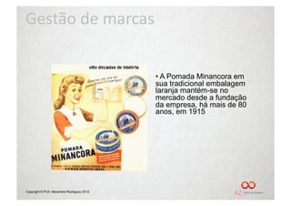 Gestão	
  de	
  marcas	
  


                                             •  A Pomada Minancora em
                                             sua tradicional embalagem
                                             laranja mantém-se no
                                             mercado desde a fundação
                                             da empresa, há mais de 80
                                             anos, em 1915




Copyright © Prof. Alexandre Rodriguez 2012
 