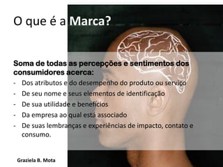 O que é a Marca?
Soma de todas as percepções e sentimentos dos
consumidores acerca:
- Dos atributos e do desempenho do produto ou serviço
- De seu nome e seus elementos de identificação
- De sua utilidade e benefícios
- Da empresa ao qual está associado
- De suas lembranças e experiências de impacto, contato e
consumo.

Graziela B. Mota

Gestão de Marcas

 