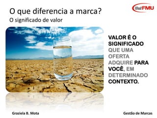 O que diferencia a marca?
O significado de valor
VALOR É O
SIGNIFICADO
QUE UMA
OFERTA
ADQUIRE PARA
VOCÊ, EM
DETERMINADO
CONTEXTO.

Graziela B. Mota

Gestão de Marcas

 