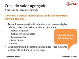 Crise do valor agregado:
A pressão das low price brands
Genéricos: a indústria farmacêutica ainda não encontrou
remédio para eles

• Antes: foco na geração de patentes e na recomendação
médica; baixa concorrência; alta lucratividade
–
–
–
–
–

Praticas produtivas
Práticas mkt -comunicação
Consumidor final
Canal / vendas
Anvisa

Novartis-Sandoz
Sanofi-Medley

• Depois: Branding, Programas de lealdade, foco no canal OU
lançamento de linhas de genéricos.
Graziela B. Mota

Gestão de Marcas

 
