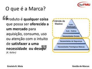O que é a Marca?

“

Produto é qualquer coisa
que possa ser oferecida a
um mercado para
aquisição, consumo, uso
ou atenção com o intuito
de satisfazer a uma
necessidade ou desejo.
(K. Keller)

Graziela B. Mota

”

Gestão de Marcas

 