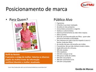 Posicionamento de marca
• Para Quem?

Público Alvo
•
•
•
•
•
•
•
•
•

Perfil da Revista
É parceira e amiga da mulher. Valoriza os diversos
papéis da mulher.Fonte de informação
confiável.Mantém a mulher atualizada.

•
•
•
•
•
•
•
•
•
•

É generosa.
A família é sua maior realização.
Acredita em dias prósperos.
Consumidora consciente e exigente.
Vaidosa e cuida da beleza.
Valoriza primeiramente seu lado mãe e esposa.
Adora cozinhar.
Quer dar uma boa educação aos filhos - quem sabe
até vê-los formados na faculdade.
Tem interesse em tudo o que diz respeito à casa e à
família. Cuida dos filhos,
do marido, dos pais, dá conselho aos irmãos.
É econômica. Na sua mão, dinheiro rende o dobro.
Idade 62% entre 25 e 54 anos.
40% são casadas.
55% trabalham.
55% têm crianças no lar.
42% possui cartão de crédito
82% têm casa própria.
48% têm automóvel no lar.
59% têm computador.

Fonte: http://mdemulher.abril.com.br/revistas/midiakit/ana-maria/index.html

Gestão de Marcas

 