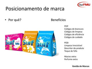 Posicionamento de marca
• Por quê?

Benefícios
POP
Códigos de brancura
Códigos de limpeza
Códigos de eficiência
Códigos de cuidado
POD
Limpeza Irresistível
Descritor do produto
Toque de fofo
Maciez extra
Perfume extra
Gestão de Marcas

 