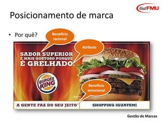 Posicionamento de marca
• Por quê?

Benefício
racional
Atributo

Benefício
emocional

Gestão de Marcas

 