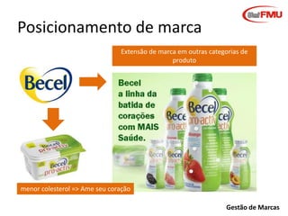 Posicionamento de marca
Extensão de marca em outras categorias de
produto

menor colesterol => Ame seu coração
Gestão de Marcas

 
