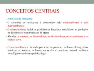 CONCEITOS CENTRAIS
Ambiente de Marketing
 O ambiente de marketing é constituído pelo microambiente e pelo
macroambiente.
 O microambiente inclui os participantes imediatos envolvidos na produção,
na distribuição e na promoção da oferta.
 São eles: a empresa, os fornecedores, os distribuidores, os revendedores e os
clientes-alvo.
 O macroambiente é formado por seis componentes: ambiente demográfico,
ambiente económico, ambiente sociocultural, ambiente natural, ambiente
tecnológico e ambiente político-legal
 