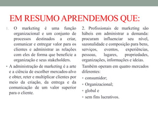 EM RESUMOAPRENDEMOS QUE:
1. O marketing é uma função
organizacional e um conjunto de
processos destinados a criar,
comunicar e entregar valor para os
clientes e administrar as relações
com eles de forma que beneficie a
organização e seus stakeholders.
 A administração de marketing é a arte
e a ciência de escolher mercados-alvo
e obter, reter e multiplicar clientes por
meio da criação, da entrega e da
comunicação de um valor superior
para o cliente.
2. Profissionais de marketing são
hábeis em administrar a demanda:
procuram influenciar seu nível,
sazonalidade e composição para bens,
serviços, eventos, experiências,
pessoas, lugares, propriedades,
organizações, informações e ideias.
Também operam em quatro mercados
diferentes:
 consumidor;
 Organizacional;
 global e
 sem fins lucrativos.
 