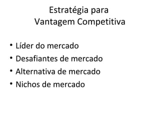 Estratégia para
        Vantagem Competitiva

•   Líder do mercado
•   Desafiantes de mercado
•   Alternativa de mercado
•   Nichos de mercado
 