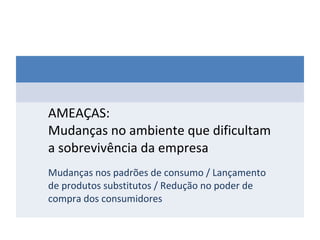 AMEAÇAS:
Mudanças no ambiente que dificultam
a sobrevivência da empresa
Mudanças nos padrões de consumo / Lançamento
de produtos substitutos / Redução no poder de
compra dos consumidores
 