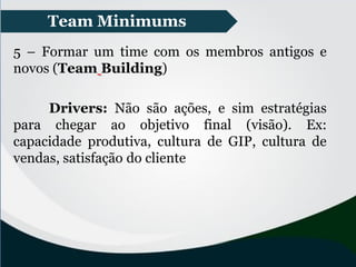 Team Minimums
5 – Formar um time com os membros antigos e
novos (Team Building)
Drivers: Não são ações, e sim estratégias
para chegar ao objetivo final (visão). Ex:
capacidade produtiva, cultura de GIP, cultura de
vendas, satisfação do cliente
 