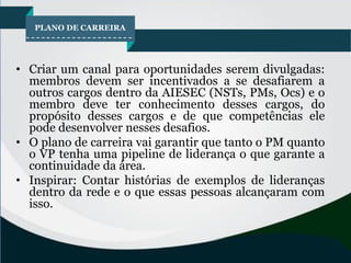 PLANO DE CARREIRA
• Criar um canal para oportunidades serem divulgadas:
membros devem ser incentivados a se desafiarem a
outros cargos dentro da AIESEC (NSTs, PMs, Ocs) e o
membro deve ter conhecimento desses cargos, do
propósito desses cargos e de que competências ele
pode desenvolver nesses desafios.
• O plano de carreira vai garantir que tanto o PM quanto
o VP tenha uma pipeline de liderança o que garante a
continuidade da área.
• Inspirar: Contar histórias de exemplos de lideranças
dentro da rede e o que essas pessoas alcançaram com
isso.
 