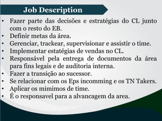 • Fazer parte das decisões e estratégias do CL junto
com o resto do EB.
• Definir metas da área.
• Gerenciar, trackear, supervisionar e assistir o time.
• Implementar estatégias de vendas no CL.
• Responsável pela entrega de documentos da área
para fins legais e de auditoria interna.
• Fazer a transição ao sucessor.
• Se relacionar com os Eps incomming e os TN Takers.
• Aplicar os mimimos de time.
• É o responsavel para a alvancagem da area.
Job Description
 