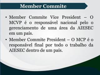 • Member Commite Vice President – O
MCVP é o responsável nacional pelo o
gerenciamento de uma área da AIESEC
em um país.
• Member Commite President – O MCP é o
responsável final por todo o trabalho da
AIESEC dentro de um país.
Member Commite
 