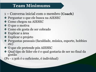 Team Minimums
1 – Conversa inicial com o membro (Coach)
Perguntar o que ele busca na AIESEC
Como chegou na AIESEC
O que o motiva
Como ele gosta de ser cobrado
Explicar a área
Explicar o projeto
Perguntas pessoais (faculdade, música, esporte, hobbies
etc)
O que ele pretende pós AIESEC
Qual tipo de líder ele é e qual gostaria de ser no final da
gestão
(Ps - 1:30h é o suficiente, é individual)
 