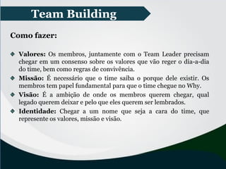 Team Building
Como fazer:
Valores: Os membros, juntamente com o Team Leader precisam
chegar em um consenso sobre os valores que vão reger o dia-a-dia
do time, bem como regras de convivência.
Missão: É necessário que o time saiba o porque dele existir. Os
membros tem papel fundamental para que o time chegue no Why.
Visão: É a ambição de onde os membros querem chegar, qual
legado querem deixar e pelo que eles querem ser lembrados.
Identidade: Chegar a um nome que seja a cara do time, que
represente os valores, missão e visão.
 
