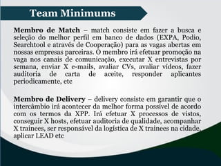 Team Minimums
Membro de Match – match consiste em fazer a busca e
seleção do melhor perfil em banco de dados (EXPA, Podio,
Searchtool e através de Cooperação) para as vagas abertas em
nossas empresas parceiras. O membro irá efetuar promoção na
vaga nos canais de comunicação, executar X entrevistas por
semana, enviar X e-mails, avaliar CVs, avaliar vídeos, fazer
auditoria de carta de aceite, responder aplicantes
periodicamente, etc
Membro de Delivery – delivery consiste em garantir que o
intercâmbio irá acontecer da melhor forma possível de acordo
com os termos da XPP. Irá efetuar X processos de vistos,
conseguir X hosts, efetuar auditoria de qualidade, acompanhar
X trainees, ser responsável da logística de X trainees na cidade,
aplicar LEAD etc
 