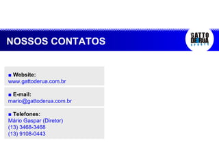 NOSSOS CONTATOS ■   Website:   www.gattoderua.com.br ■   E-mail:  [email_address] ■   Telefones:  Mário Gaspar (Diretor) (13) 3468-3468  (13) 9108-0443 