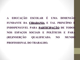 A EDUCAÇÃO ESCOLAR É UMA DIMENSÃO
FUNDANTE DA CIDADANIACIDADANIA E TAL PRINCÍPIO É
INDISPENSÁVEL PARA PARTICIPAÇÃOPARTICIPAÇÃO DE TODOS
NOS ESPAÇOS SOCIAIS E POLÍTICOS E PARA
(RE)INSERÇÃO QUALIFICADA NO MUNDO
PROFISSIONAL DO TRABALHO.
 