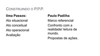 CONSTRUINDO O P.P.P.
Ilma Passos:
Ato situacional
Ato conceitual
Ato operacional
Avaliação
Paulo Padilha
Marco referencial
Confronto com a
realidade/ leitura de
mundo.
Propostas de ações.
 